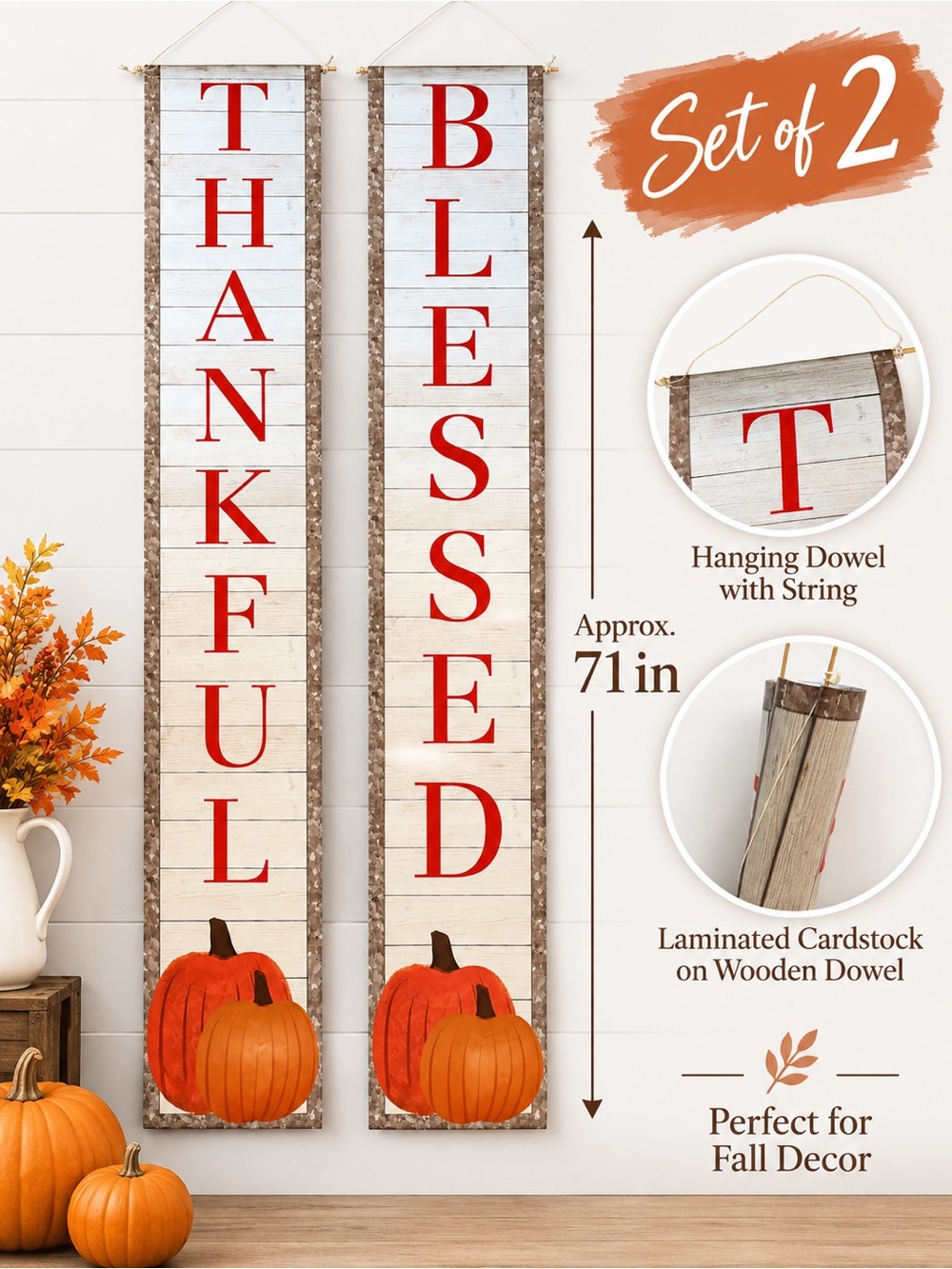 Thankful Blessed Fall Pumpkin 71” Hanging Banner Set Farmhouse Decor